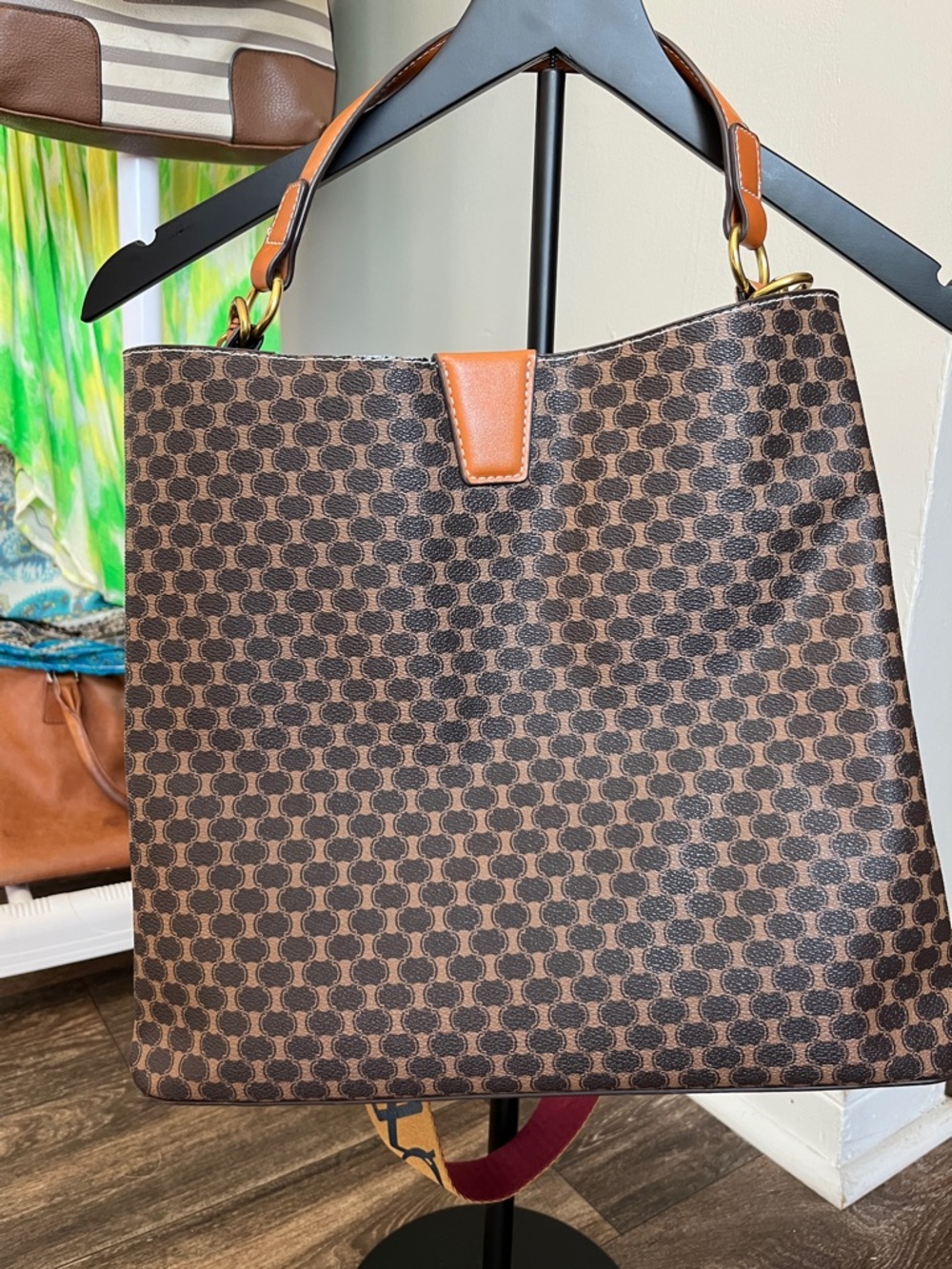 Patterned Brown Shoulder Tote with Tan Trim